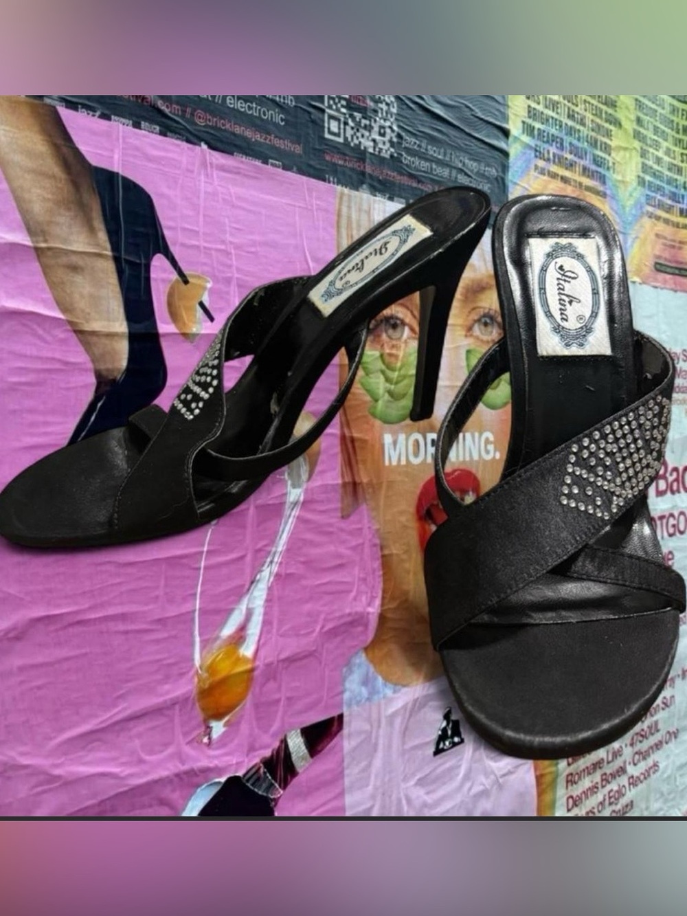 Black Satin Crisscross High Heel Sandals with Rhinestones